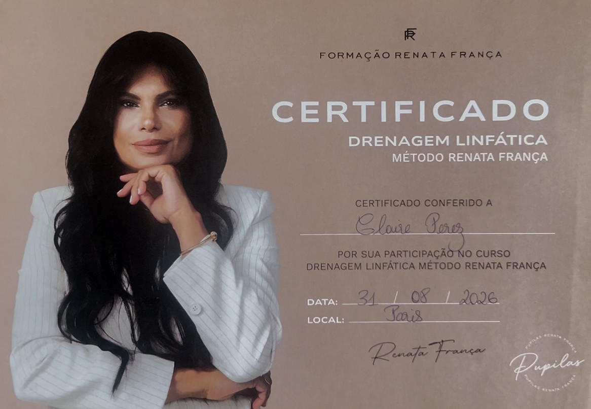 Certificat de formation Drainage Lymphatique Méthode Renata França, délivré à Claire Perez